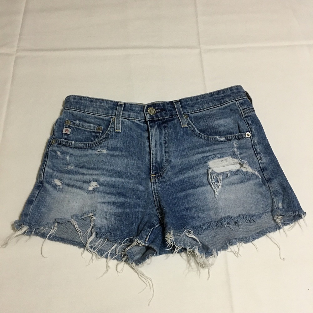 AG Adriano Goldschmied The Bryn Ex-Boyfriend Cutoff Shorts 24R Blue Distressed